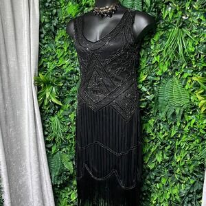 Women Dress Large Black Beaded  Fringe Formal Art Deco Party Cocktail 3415